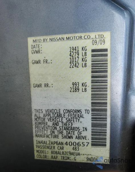 2010 Nissan Altima Base from USA, damaged, VIN 1N4AL2AP6AN400657